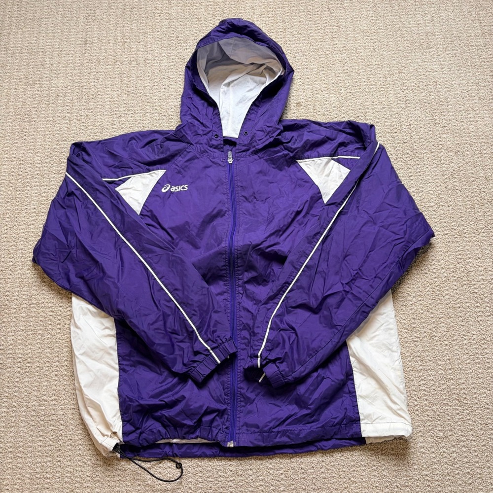Asics Mens Purple White Colorblock Hooded Windbreaker Track Jacket XL